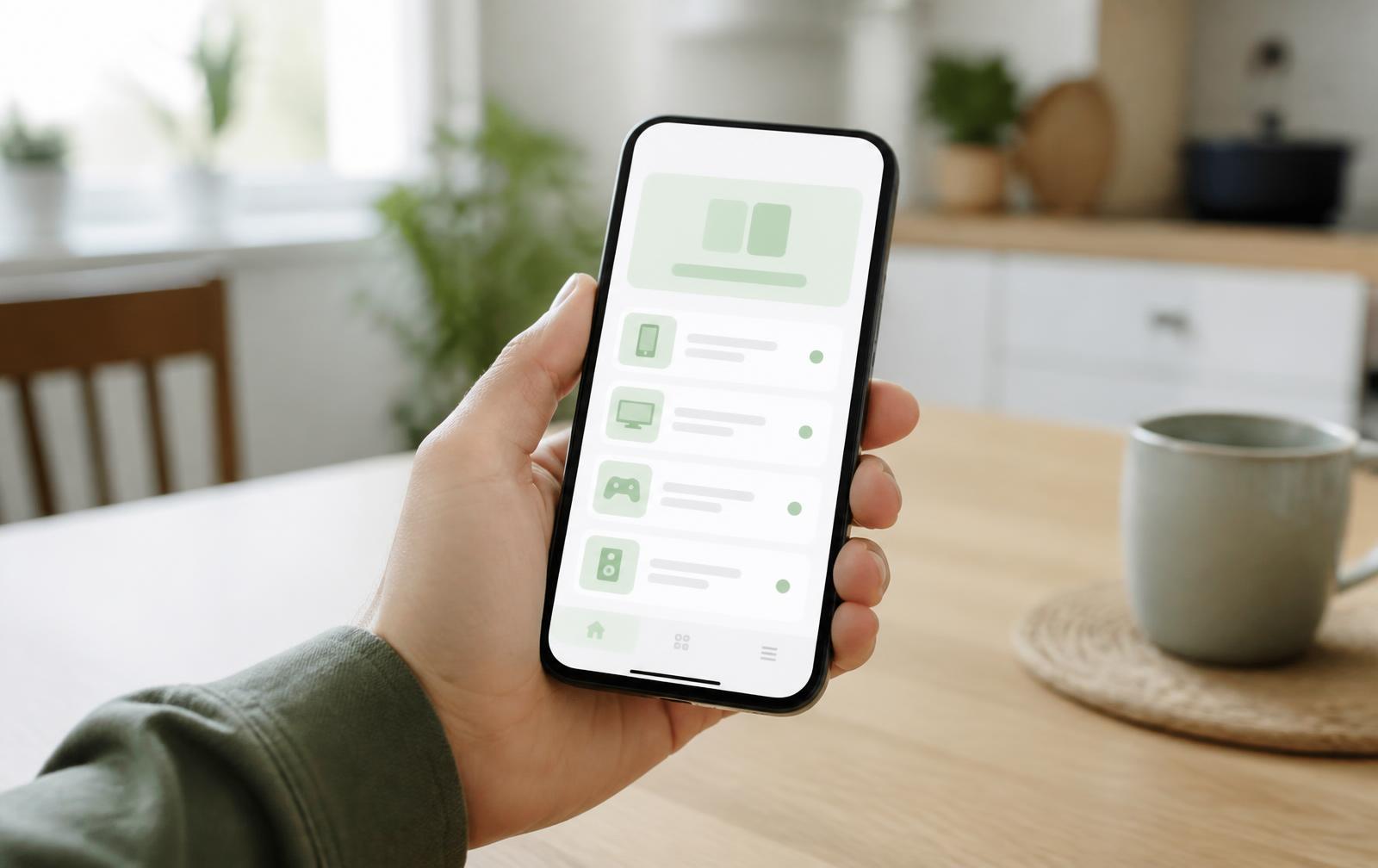 Hand hält ein Smartphone mit einer grün-weißen App-Übersicht der eigenen Geräte