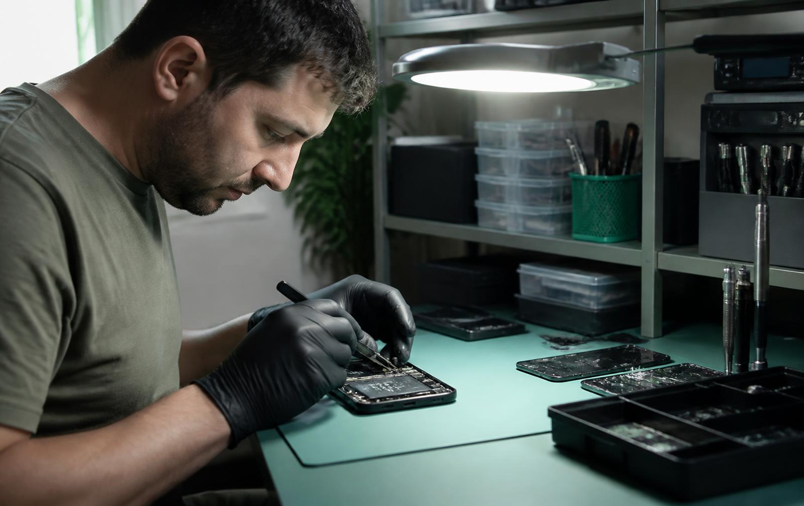 Techniker arbeitet mit Pinzette an einem geöffneten Smartphone an einer aufgeräumten Werkbank